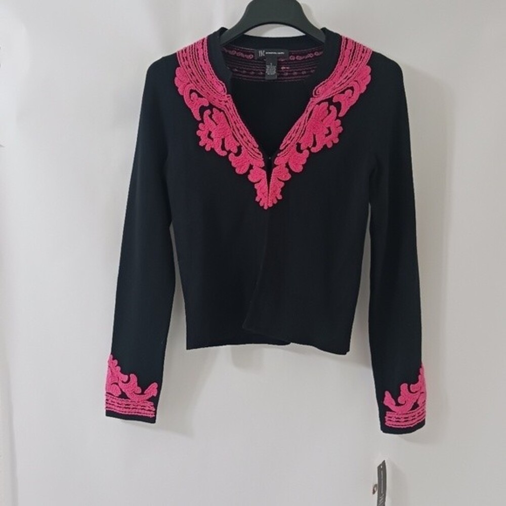 INC International Concepts Botanica Black/Pink Embroidered Hook Eye Cardigan SM
